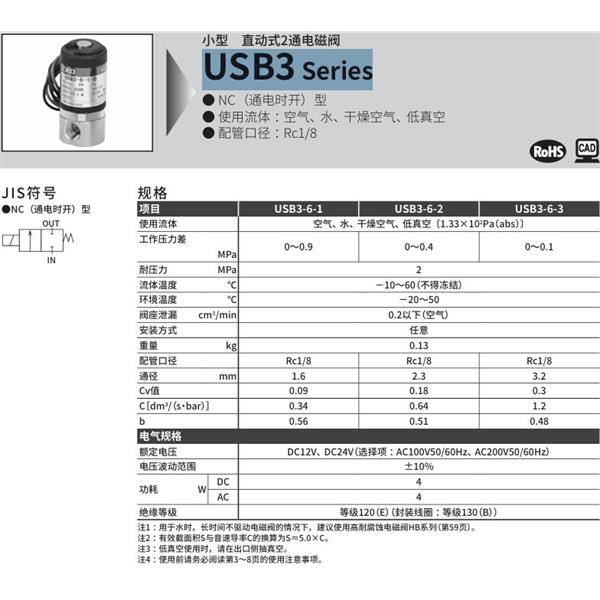 CKD喜開理多種流體小型直動(dòng)式2通電磁閥USB3-6-3-B-DC12V