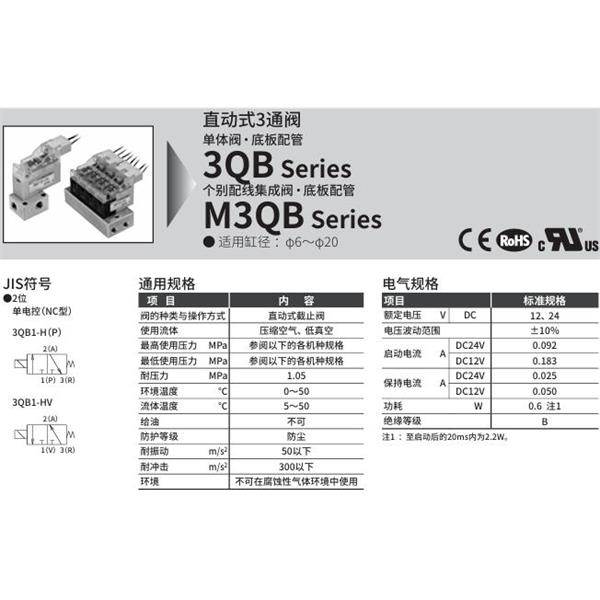 CKD喜開理直動式3通電磁閥M3QB180-M5-D21HV-20-4