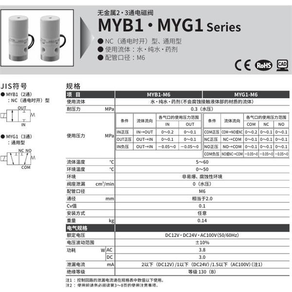 CKD喜開理無金屬2?3通電磁閥MYB1-M6-DC24V