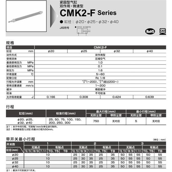 CKD喜開理緊固型氣缸CMK2-F-TA-25-100-T0H-R-MI