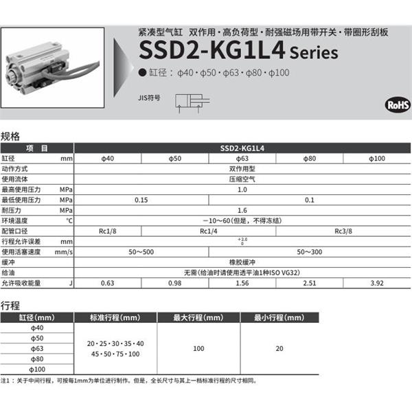 CKD喜開(kāi)理緊湊型氣缸SSD2-KG1L4-80-40-V0-D-N-LB-I