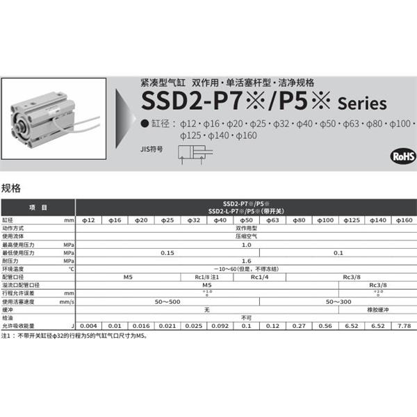 CKD喜開理緊湊型氣缸SSD2-L-63-5-T0H-R-NP7
