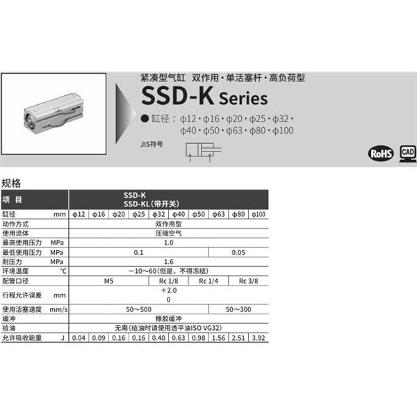 CKD喜開理超級緊湊型氣缸SSD-K-100-5-N-LB-I