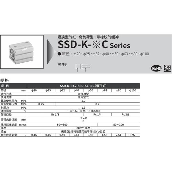 CKD喜開理超級緊湊型氣缸SSD-K-20C-10-N-LB-I