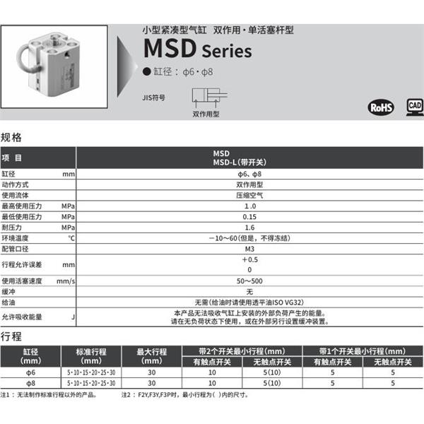 CKD喜開理小型帶線性導軌緊湊型氣缸MSD-6-25-R