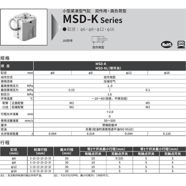 CKD喜開理小型帶線性導(dǎo)軌緊湊型氣缸MSD-K-12-15-R